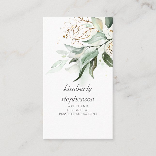 Gold Leaves and Eucalyptus Greenery Dreamy Faded Business Card (Front)