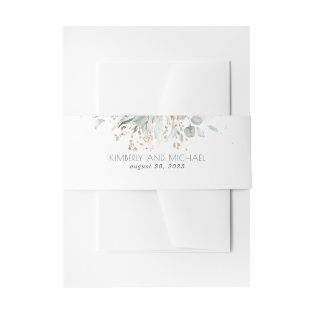 Gold Leaves and Eucalyptus Greenery Wedding Invitation Belly Band (Front Example)