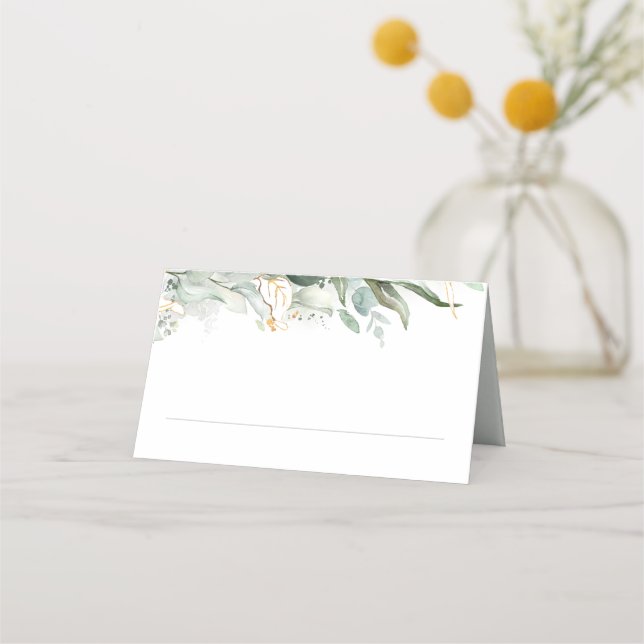 Gold Leaves and Eucalyptus Greenery Wedding Place Card (Front)