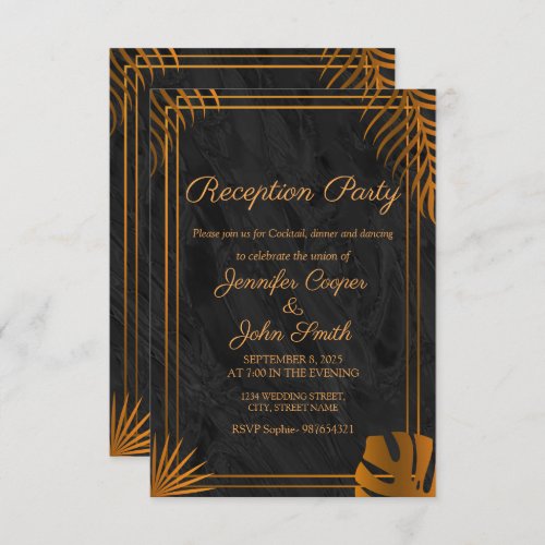 Gold Leaves and Geometric Frame Modern Reception Invitation