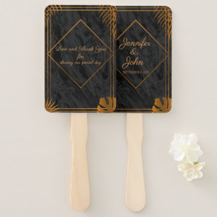Gold Leaves and Geometric Frame Tropical Wedding Hand Fan