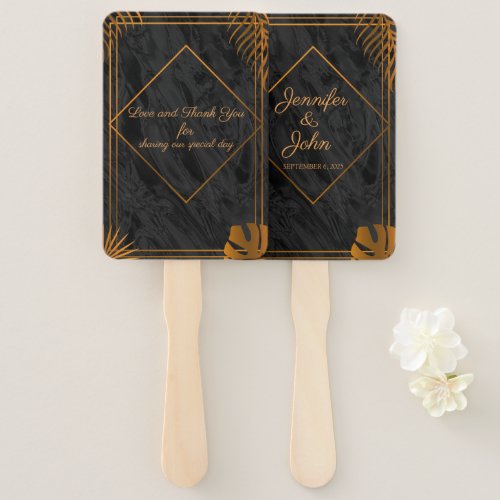 Gold Leaves and Geometric Frame Tropical Wedding Hand Fan