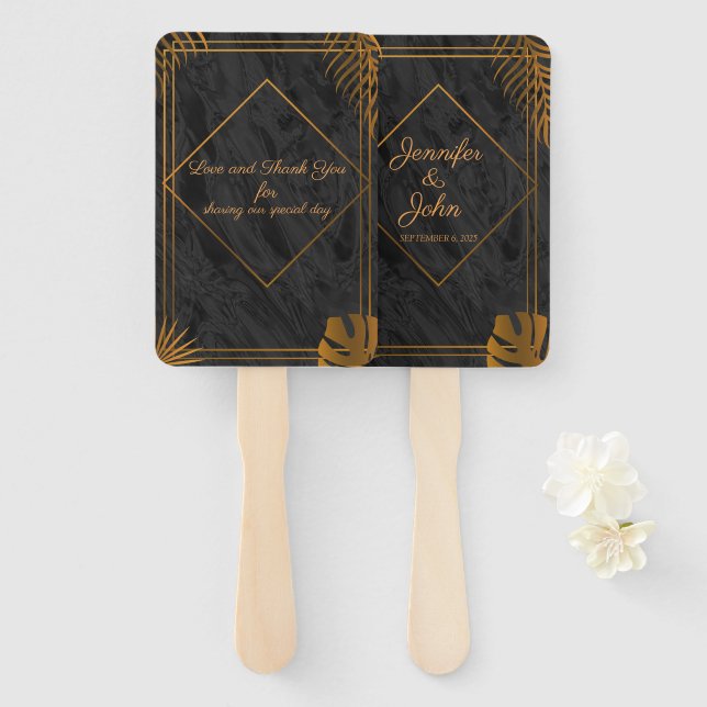 Gold Leaves and Geometric Frame Tropical Wedding Hand Fan (Front and Back)