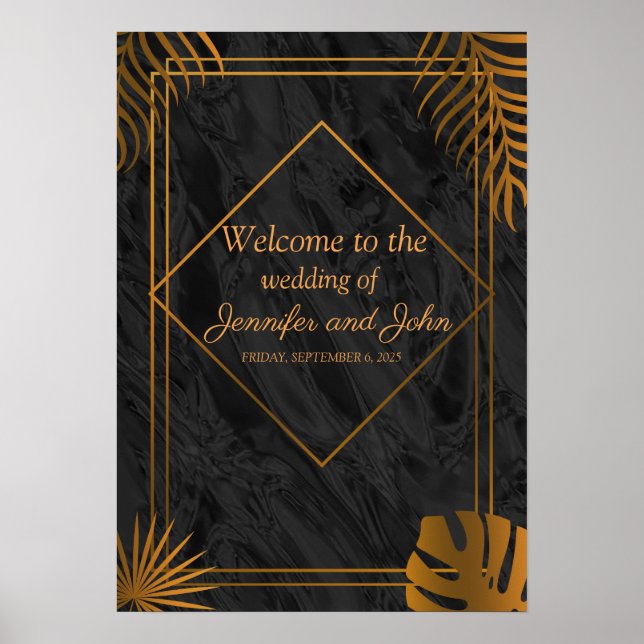 Gold Leaves and Geometric Frame Tropical Wedding Poster (Front)