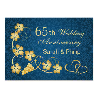 Gold leaves and joined hearts 65th Anniversary Invitation