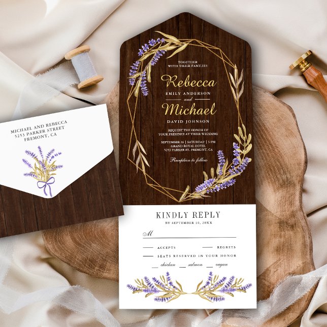 Gold Leaves and Lavender Floral Barn Wood Wedding All In One Invitation (Creator Uploaded)