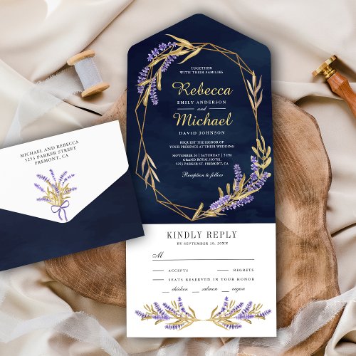 Gold Leaves and Lavender Floral Navy Blue Wedding All In One Invitation