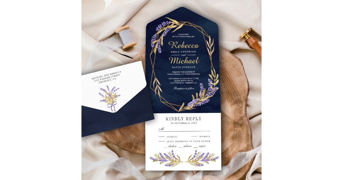 Gold Leaves and Lavender Floral Navy Blue Wedding All In One Invitation ...