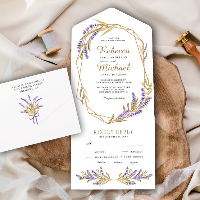 Gold Leaves and Lavender Floral Wedding All In One Invitation (Creator Uploaded)