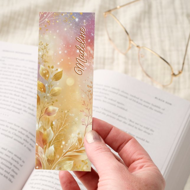 Gold Leaves and Sparkles on Peach Galaxy Backgroun Bookmarks (Hand)