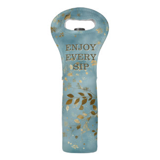 Gold Leaves and Teal Design Wine Bag