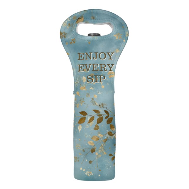 Gold Leaves and Teal Design Wine Bag (Front)