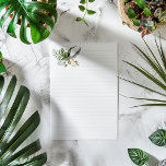 Gold leaves and white feathers lined notepad<br><div class="desc">Elevate your correspondence or daily notes with this minimalist lined writing paper, featuring a delicate watercolor botanical arrangement in the upper left corner. The design showcases a mix of lush green leaves and soft neutral foliage, adding a subtle, nature-inspired touch without overwhelming your writing space. Crisp grey lines provide gentle...</div>