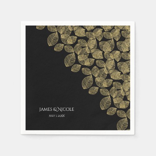 Gold Leaves Black Autumn Elegance Wedding Napkins