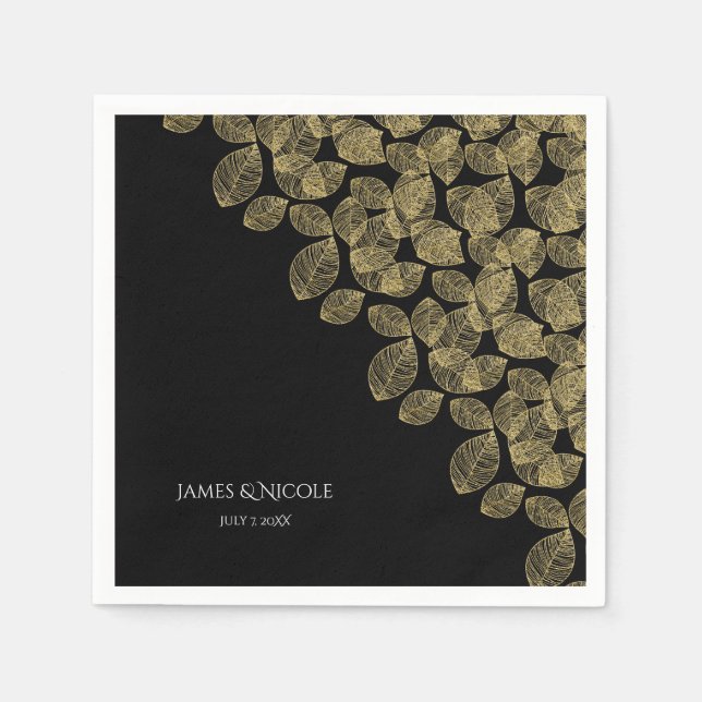 Gold Leaves Black Autumn Elegance Wedding Napkins (Front)