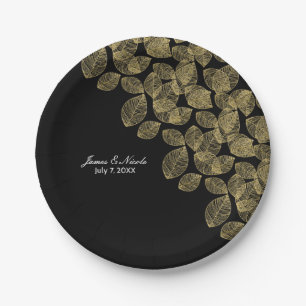 Gold Leaves Black Autumn Elegance Wedding Paper Plates