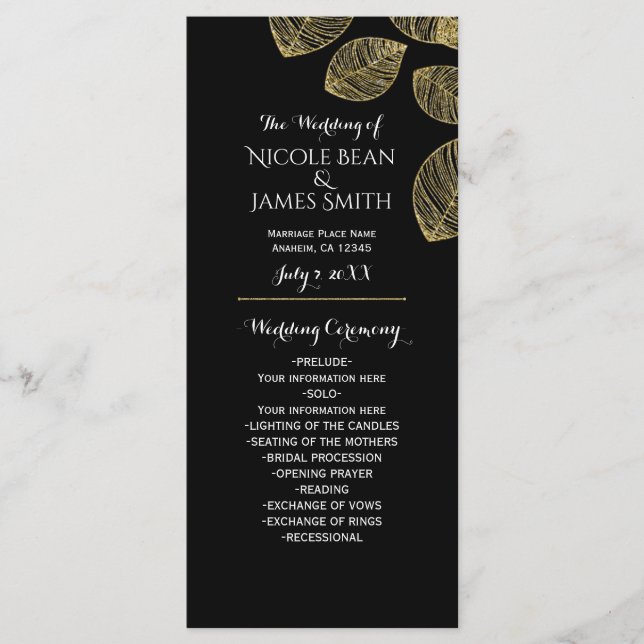 Gold Leaves Black Autumn Wedding Program (Front)