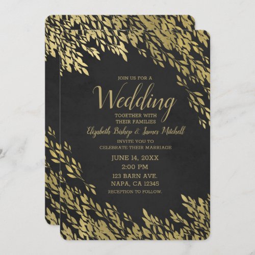 Gold Leaves  Black Chalk Chic Rustic Wedding Invitation