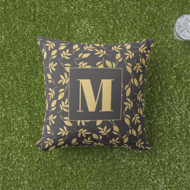Gold Leaves Black Monogram Modern Stylish  Outdoor Pillow (Grass)