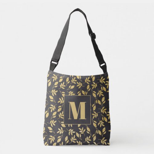 Gold Leaves Black Monogram Trendy Girly Modern Crossbody Bag