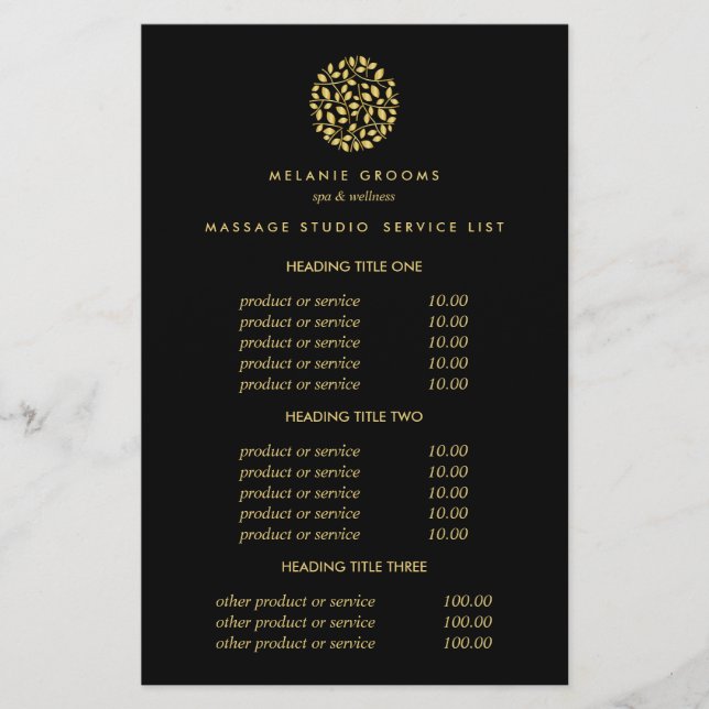 Gold leaves Black Spa Massage  Pricing & Services Flyer (Front)
