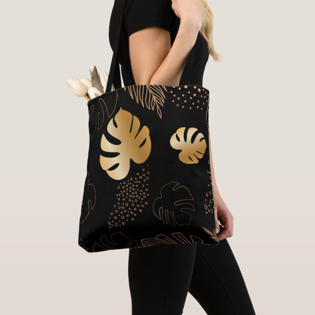 Gold leaves black tote bag (Close Up)