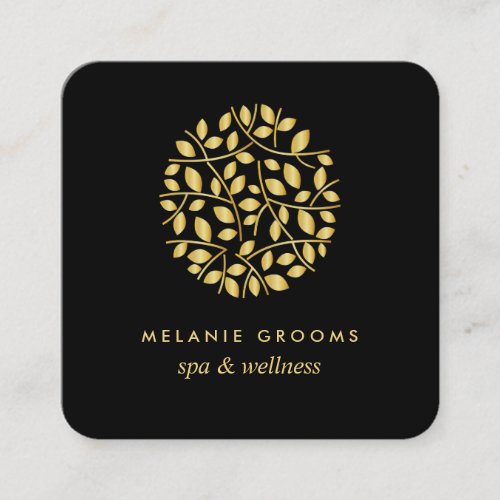 Gold leaves Black  wellness spa massage yoga Square Business Card