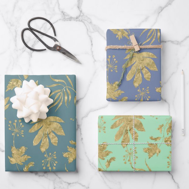 Gold Leaves Blue Green Spring Bridal Shower Wrapping Paper Sheets (Front)