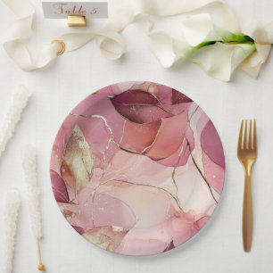 Gold Leaves Burgundy Blush Pink Bridal Shower Paper Plates