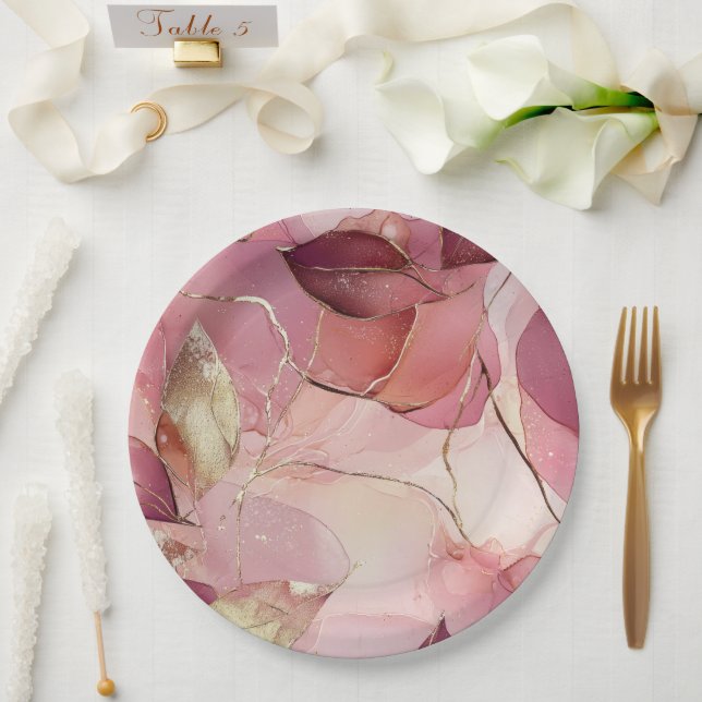 Gold Leaves Burgundy Blush Pink Bridal Shower Paper Plates (Wedding)