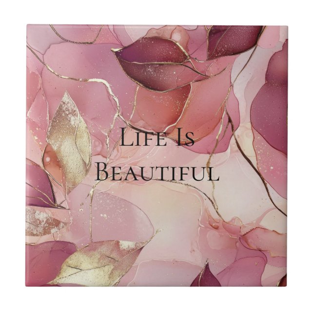 Gold Leaves Burgundy Blush Pink  Ceramic Tile (Front)