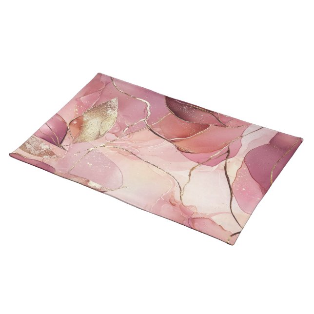 Gold Leaves Burgundy Blush Pink  Cloth Placemat (On Table)