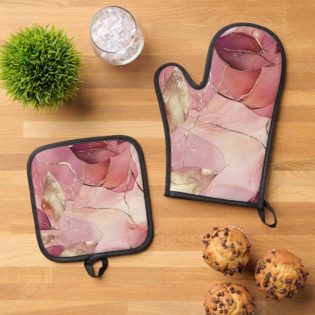 Gold Leaves Burgundy Blush Pink  Oven Mitt & Pot Holder Set (Top Down)