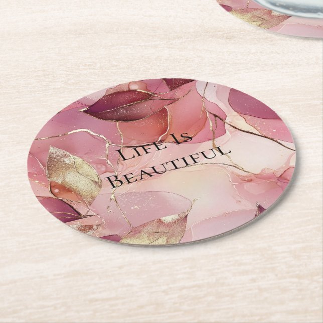 Gold Leaves Burgundy Blush Pink  Round Paper Coaster (Angled)
