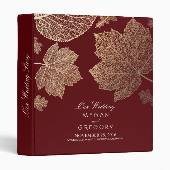 Gold Leaves Burgundy Fall Wedding 3 Ring Binder (Front/Spine)