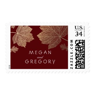 Gold Leaves Burgundy Fall Wedding Postage Stamps at UniqueRusticWeddingInvitations.com