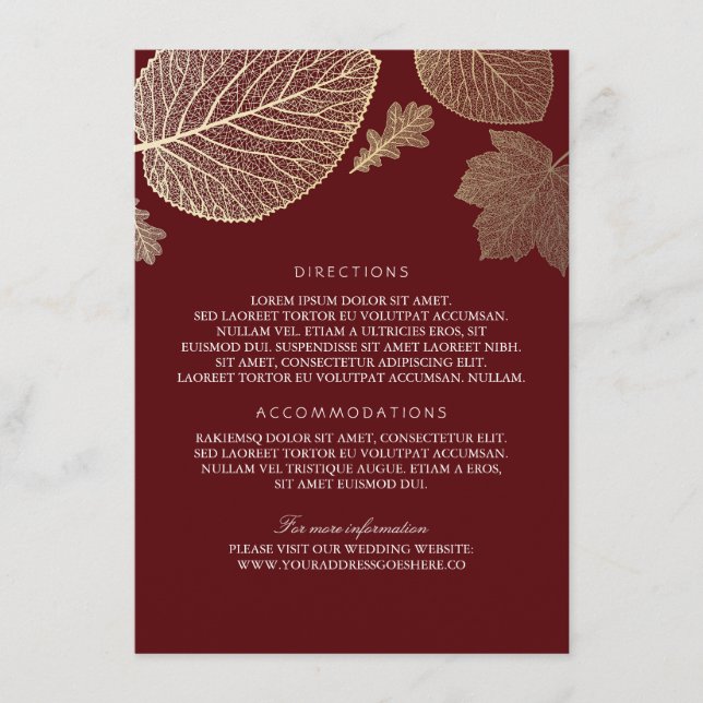 Gold Leaves Burgundy Wedding Details - Information Enclosure Card (Front)