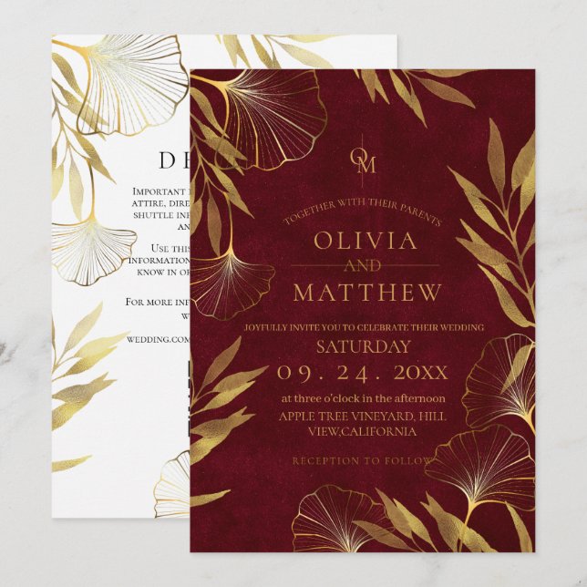 Gold Leaves / Burgundy Wedding Invitation (Front/Back)
