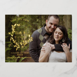 Gold Leaves Crest Monogram Photo Save The Date Foil Invitation