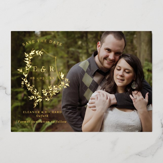 Gold Leaves Crest Monogram Photo Save The Date Foil Invitation (Front)