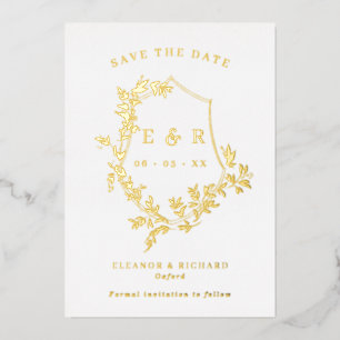 Gold Leaves Crest Monogram Save The Date Foil Invitation
