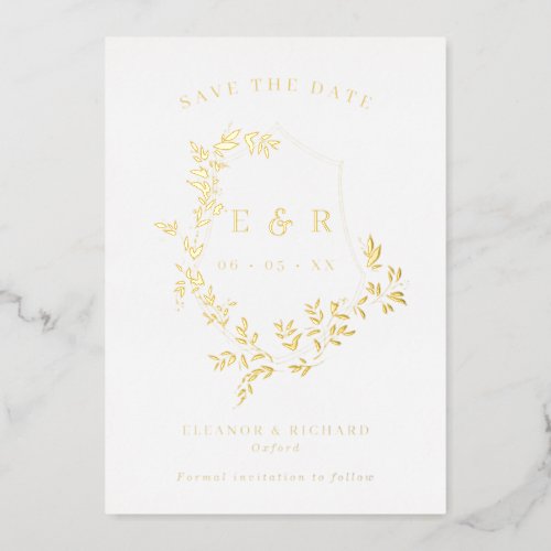 Gold Leaves Crest Monogram Save The Date Foil Invitation