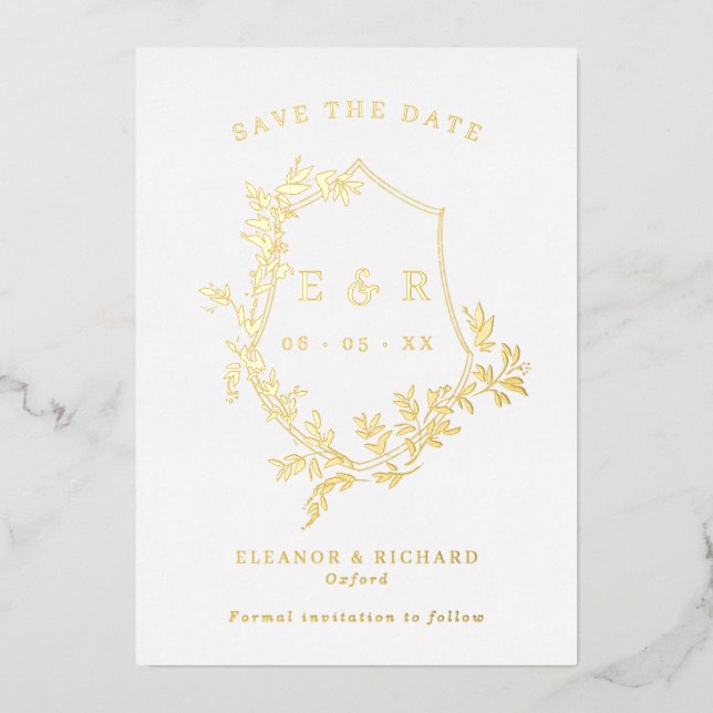 Gold Leaves Crest Monogram Save The Date Foil Invitation (Front)