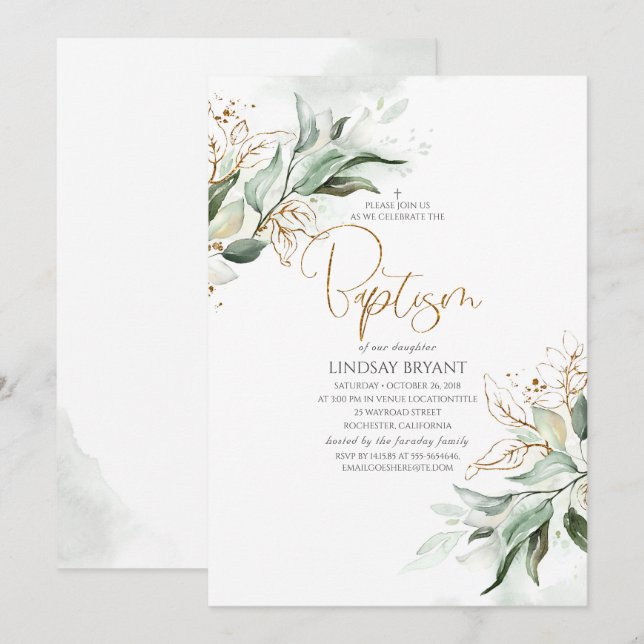 Gold Leaves Eucalyptus Greenery Cute Baptism Invitation (Front/Back)