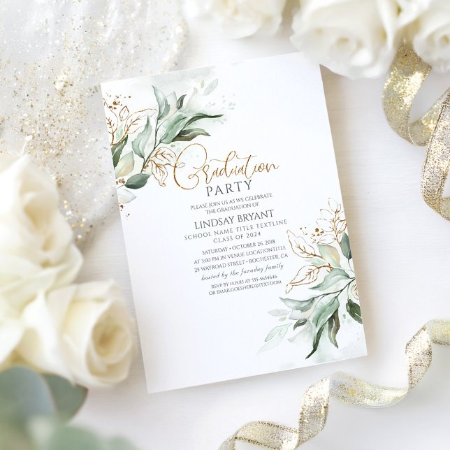 Gold Leaves Eucalyptus Greenery Cute Graduation Invitation (Boho Greenery Graduation Party Invitation)