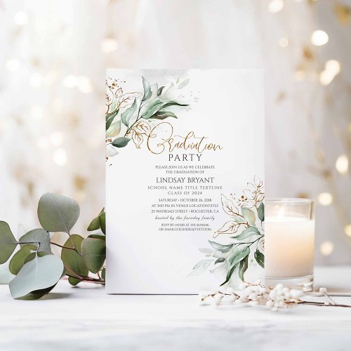 Gold Leaves Eucalyptus Greenery Cute Graduation Invitation