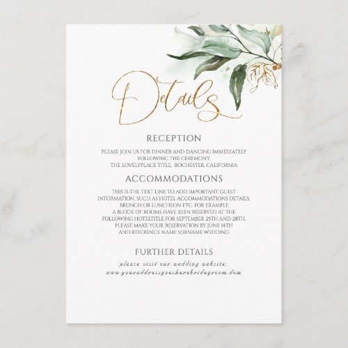 Gold Leaves  Eucalyptus Greenery Wedding Details Enclosure Card