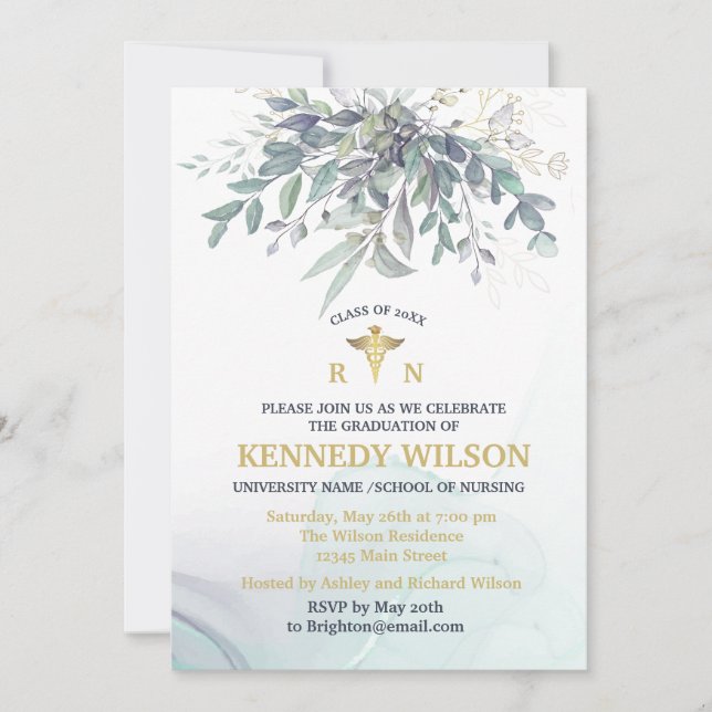 Gold Leaves Eucalyptus Nursing School Graduation I Invitation (Front)