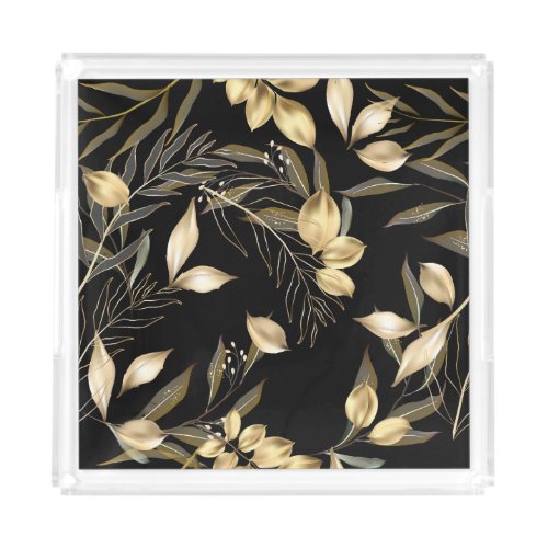 Gold Leaves Exotic Botanical Seamless Acrylic Tray