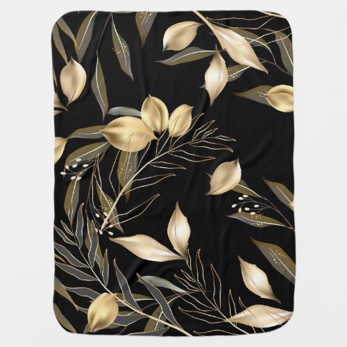 Gold Leaves Exotic Botanical Seamless Baby Blanket